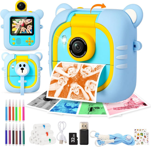 Kids Camera Instant Print, 7 Print Paper (4 Color: O/R/G/B+3 B&W), 2.4" Screen Instant Camera for Kids Ages 3-12,1080P, 180°Flip Lens,32GB Card- Christmas Birthday Present for Boys & Girls,M2
