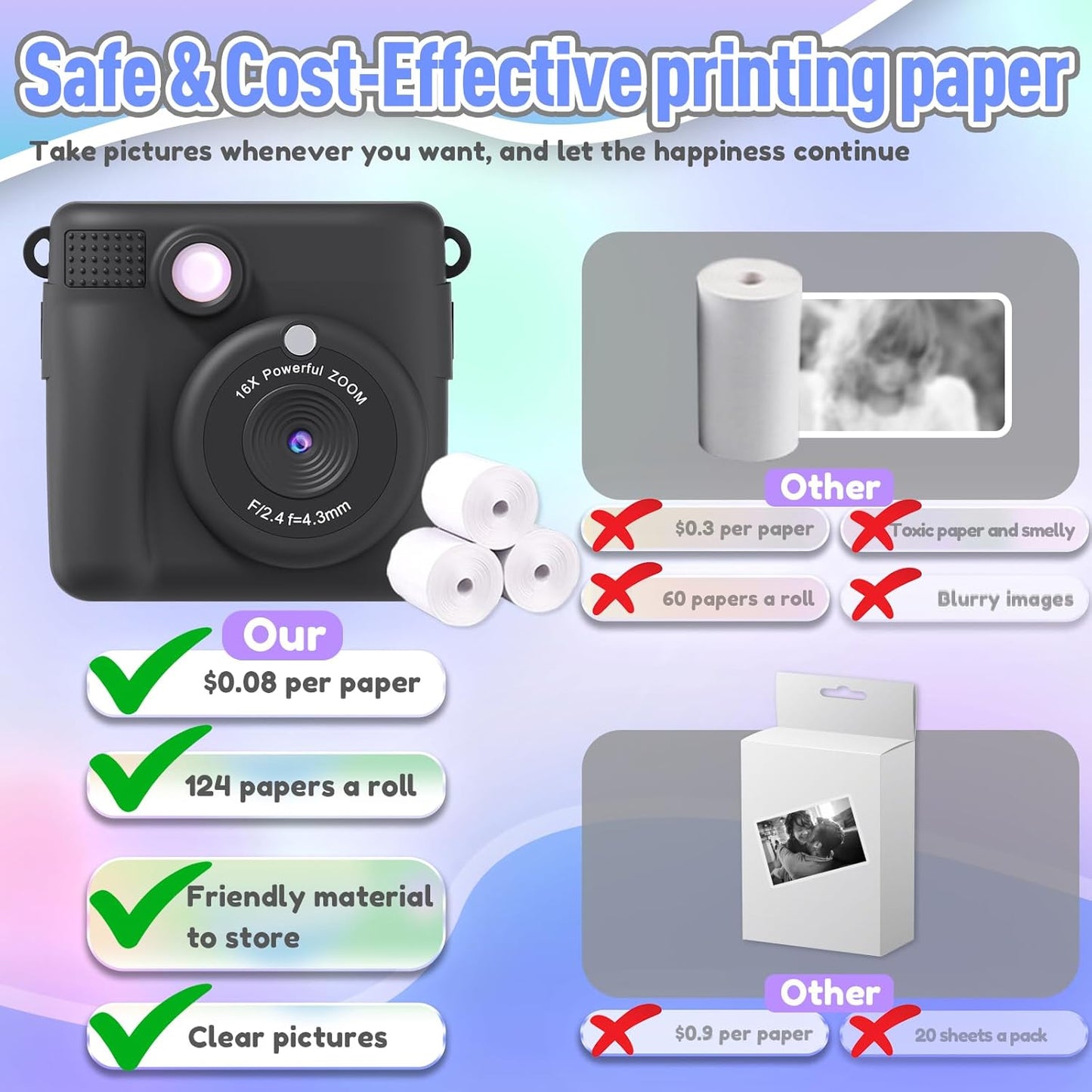 Kids Camera Instant Print, Christmas Birthday Gifts for Kids Age 3-12, Selfie Digital Camera with 1080P Videos,Toddler Portable Travel Cameras Toy for 4 5 6 7 8 9 Year Old Boys Black