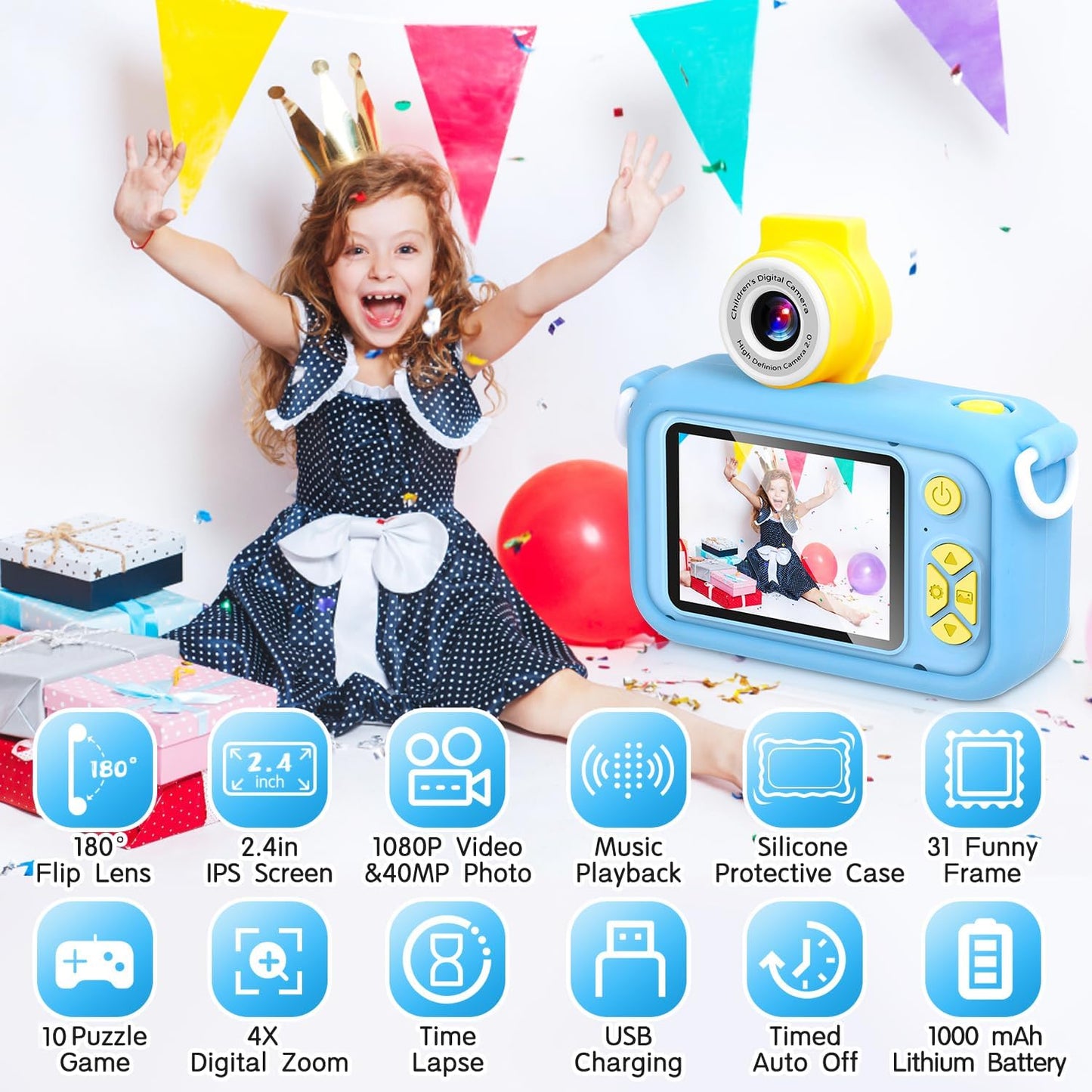 Kids Camera, Toddler Kid Digital Camera with 180°Flip Lens & 2.4in IPS Screen, Birthday Festival Gifts Present Toy for 4 5 6 7 8 9 10 11 Year Old Girls/Boys, 32 GB Card Included, X101