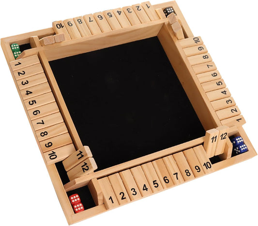 GSE Games & Sports Expert 1-4 Player Wooden Shut The Box Board Game with 8 Dice. 4-Way 12 Numbers Shut The Box Dice Set of Popular English Pub Board Game - Natural Wood