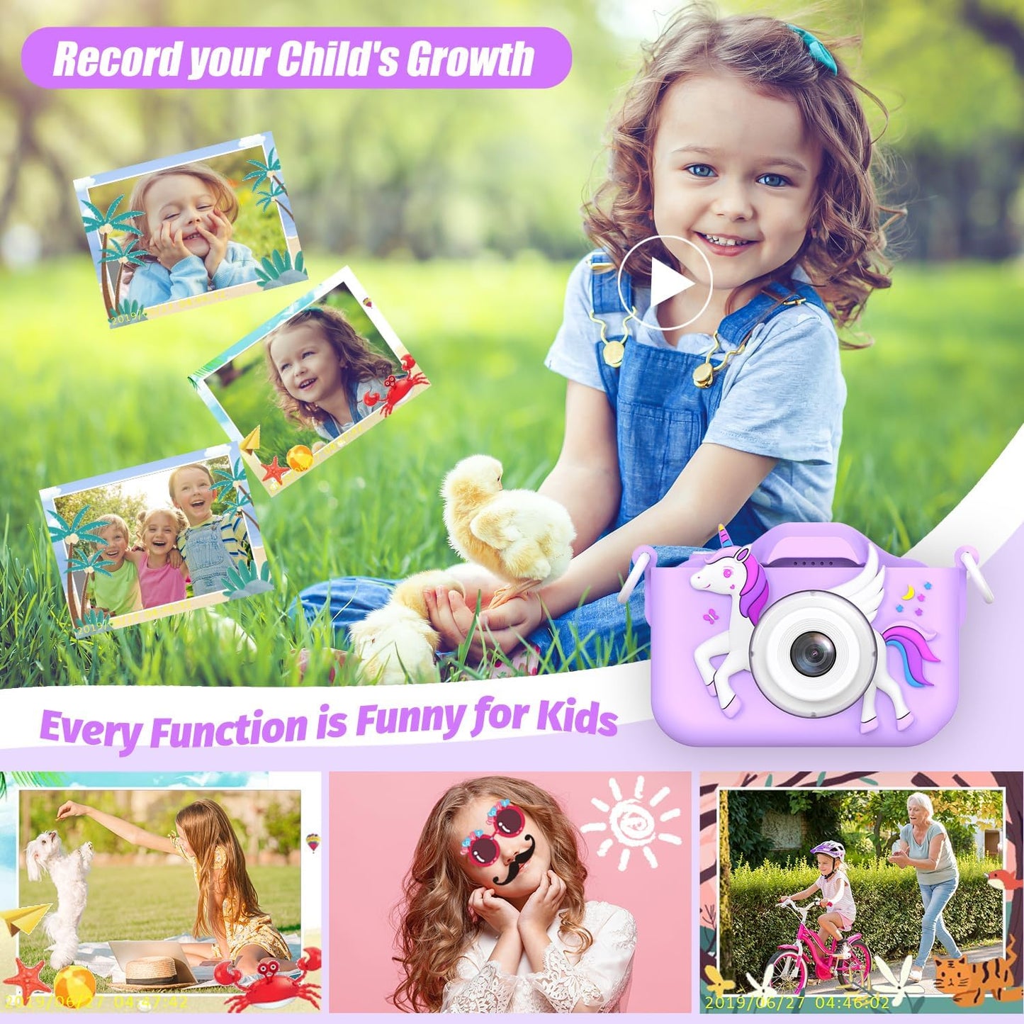 Upgrade Unicorn Kids Camera for Girls, Christmas Birthday Gift for Boys, 1080P HD Selfie Digital Video Camera for Toddlers, Cute Portable Little Girls Boys Gifts Toys for 3 4 5 6 Years Old