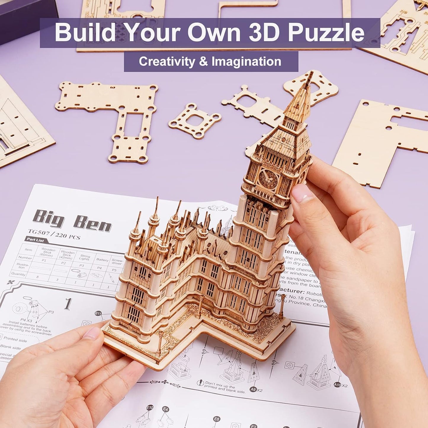 ROBOTIME 3D Puzzle for Adults Wooden Craft Kits for Teens DIY Construction Model Kit with LED Light to Build Educational Big Ben Set Toys Birthday Gifts