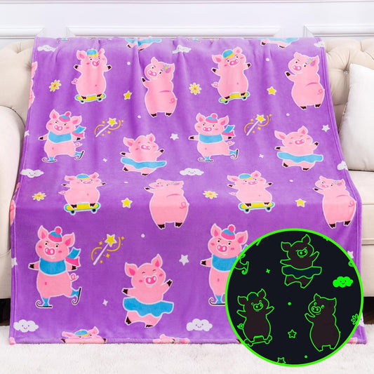 Boulou Pig Glow in The Dark Throw Blanket - 60" x 50" Pink Plush Pig Blanket for Girls, Glowing Blanket Gift for 3-10 Years Old Kids Boys, Birthday
