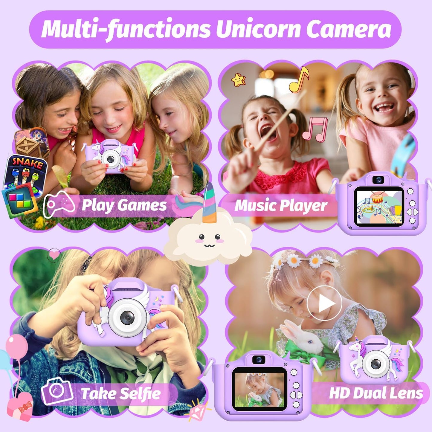Upgrade Unicorn Kids Camera for Girls, Christmas Birthday Gift for Boys, 1080P HD Selfie Digital Video Camera for Toddlers, Cute Portable Little Girls Boys Gifts Toys for 3 4 5 6 Years Old
