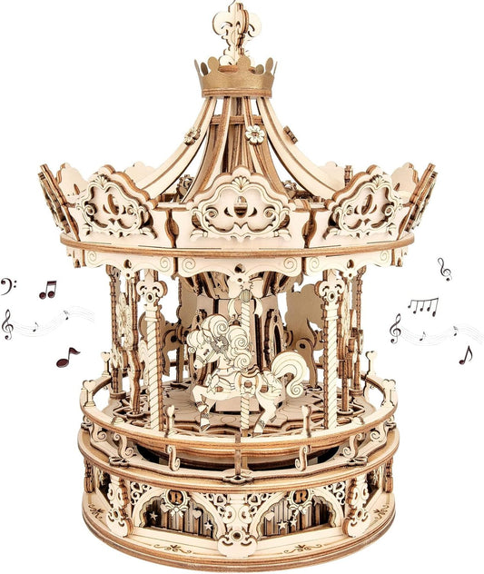 ROKR 3D Wooden Puzzles Music Box - DIY Model Building Kit Mechanical Merry-go-Round Exquisite Display Gifts for Teens Man/Woman Family
